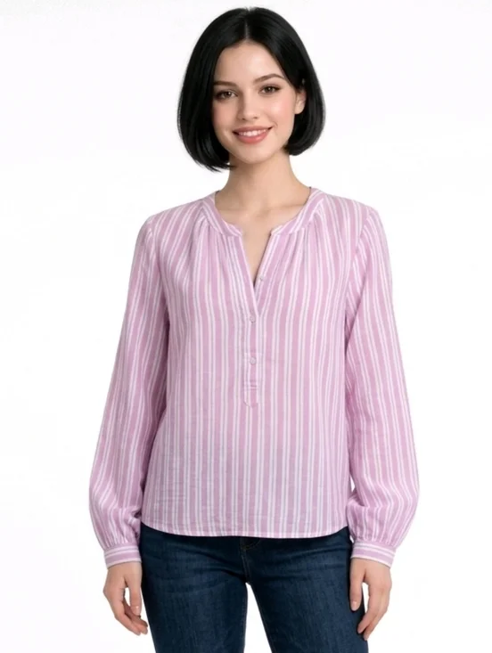 Universal Thread Pink Striped Split Button Neck Long Sleeve Gause Blouse Size S - Picture 1 of 8